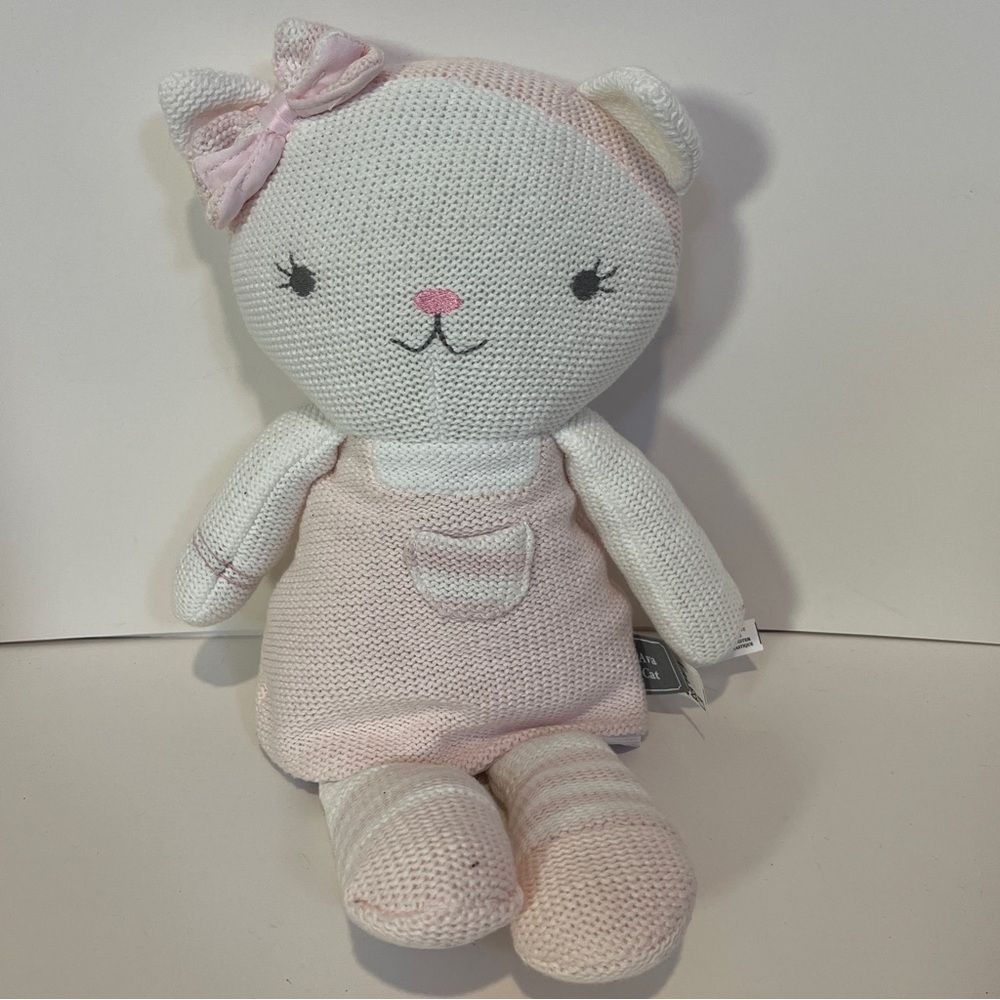 Living Textiles Ava Cat White & Pink Cotton Knit Plush Baby Stuffed Animal